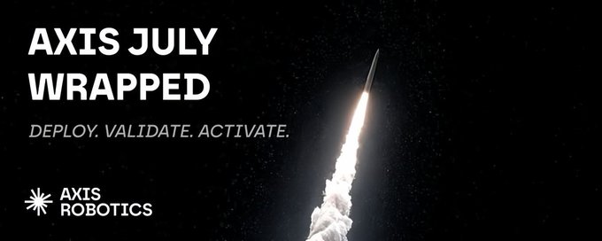The image is a sleek, dark-themed banner featuring a rocket launching upward with the text "AXIS JULY WRAPPED" and the tagline "DEPLOY. VALIDATE. ACTIVATE." alongside the Axis Robotics logo, visually reinforcing the post's theme of Axis Robotics' July progress update by using the rocket metaphor to symbolize a meaningful, purposeful launch—contrasting with the post's criticism of empty AI projects that merely "launch" tokens or websites without real robotic substance.