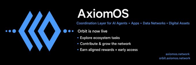 A promotional graphic for 'AxiomOS' features a blue diamond logo and text describing it as a 'Coordination Layer for AI Agents • Apps • Data Networks • Digital Assets', announcing 'Orbit is now live' with links to axiomos.network.