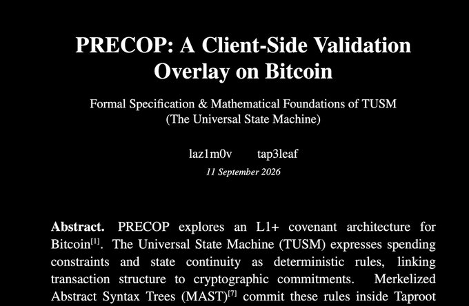 Title page of an academic paper titled 'PRECOP: A Client-Side Validation Overlay on Bitcoin' by laz1m0v and tap3leaf, dated 11 September 2026, discussing TUSM and L1+ covenant architecture.