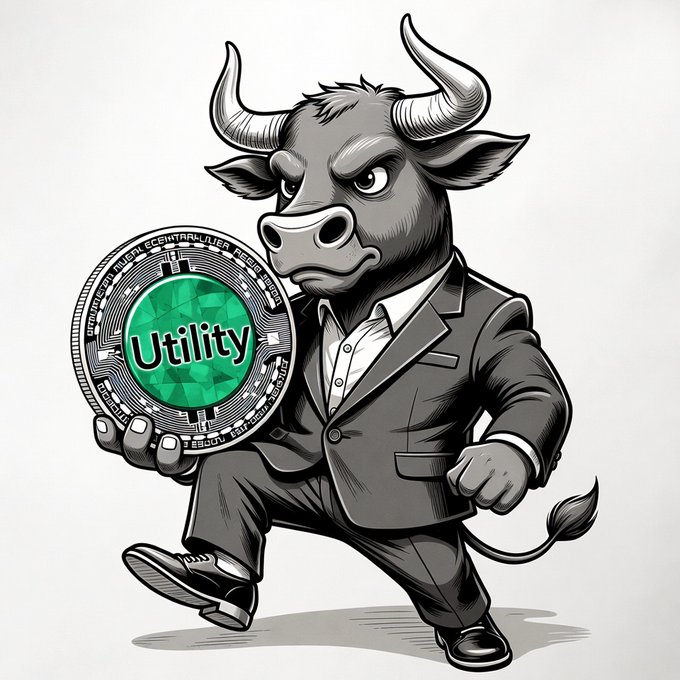 A cartoon illustration of a bullish-looking bull in a black suit holding a green cryptocurrency coin labeled 'Utility'.