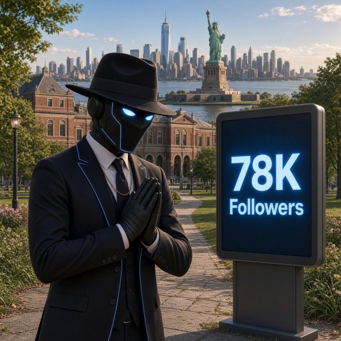 A masked figure in a black suit and fedora stands before the Statue of Liberty and Manhattan skyline, hands clasped beside a digital sign displaying "78K Followers," symbolizing a crypto influencer's milestone of community building from early 2021, before the $SHIB pump.