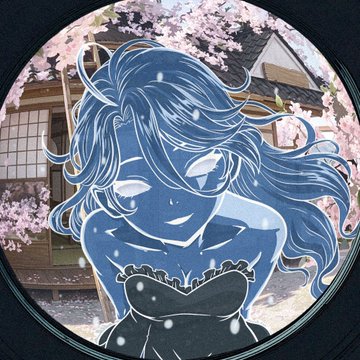 An anime-style illustration of a girl with blue hair styled in a high ponytail, wearing a dark dress, set against a backdrop of cherry blossoms and traditional Japanese architecture.