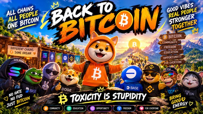 A vibrant digital illustration titled 'BACK TO BITCOIN' featuring various crypto mascots including Doge, with the slogan 'TOXICITY IS STUPIDITY' and phrases like 'All Chains All People One Bitcoin' and 'Good Vibes Real People Stronger Together'.