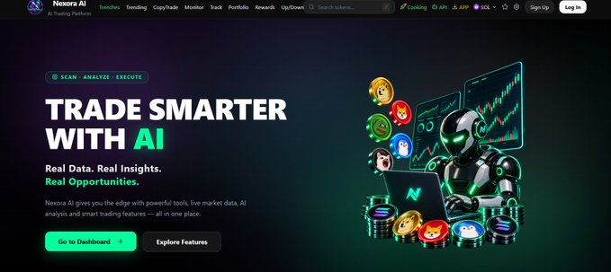 A website landing page for 'Nexora AI' displays the tagline 'TRADE SMARTER WITH AI' with 'Real Data. Real Insights. Real Opportunities.' alongside an illustration of a robot analyzing crypto charts.