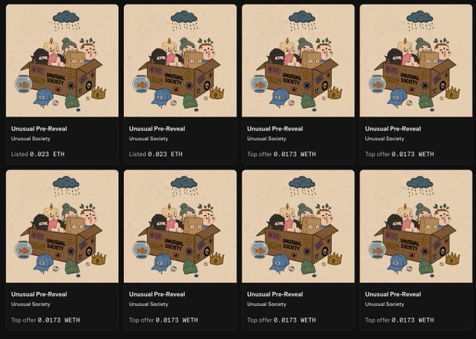 A grid of eight NFT listings titled 'Unusual Pre-Reveal' from the Unusual Society collection, showing listing prices of 0.023 WETH and top offers of 0.0173 WETH.