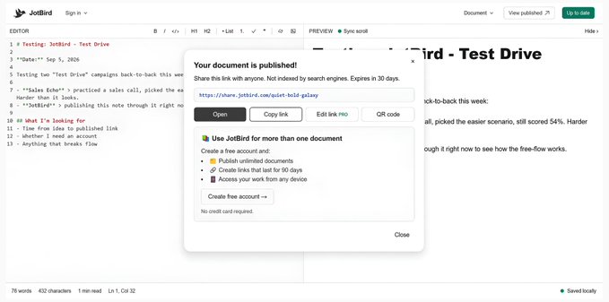 A screenshot of the JotBird editor showing a document titled 'JotBird - Test Drive' with a popup saying 'Your document is published!' and a shareable link to a quiet-koi-galaxy.