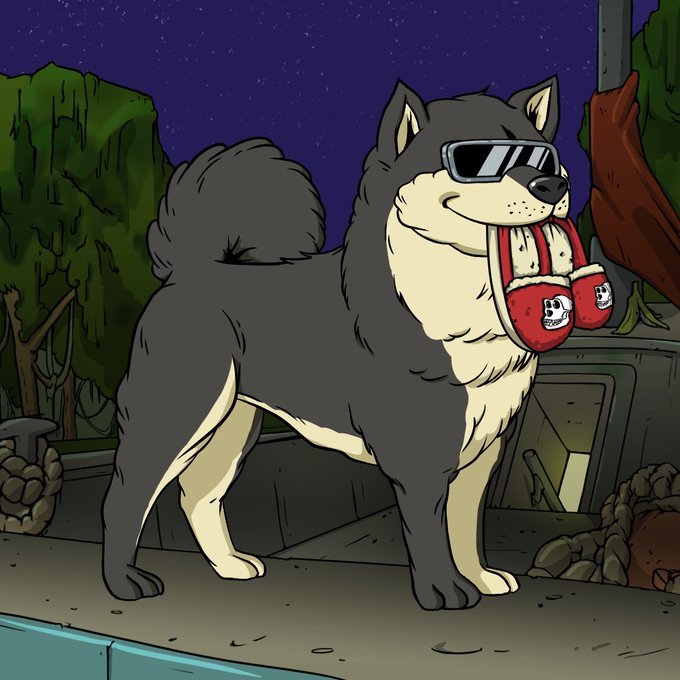The image features a cartoon dog wearing sunglasses, holding two red shoes in its mouth while standing on a ledge or platform. The caption of the image reads "Was looking for a clean matching doggo for my Ape. Can't get any better than this one!".
