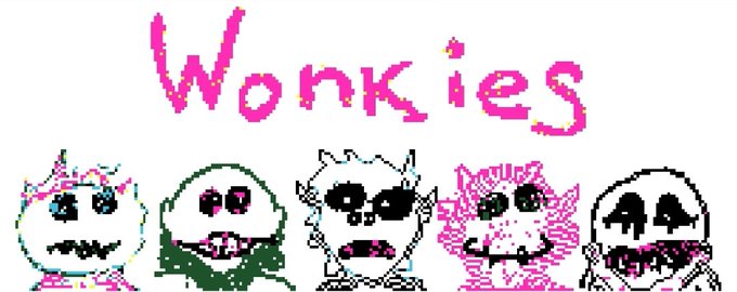 Pixel art titled 'Wonkies' showing five zombie-like character sprites with stitched faces in various colors (green, pink, black).