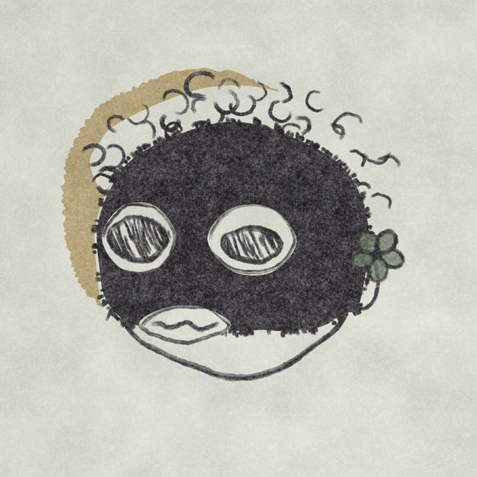 A pencil sketch of a round, dark character with wide striped eyes, a worried mouth, and curly hair, adorned with a small four-leaf clover.