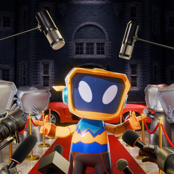 A 3D-rendered cartoon robot with a TV-like head, wearing a blue and yellow chevron outfit, poses on a red carpet surrounded by paparazzi cameras, spotlights, and cameras.