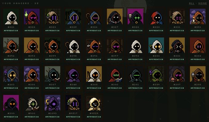 A pixel art gallery interface displays a collection titled "YOUR MANGERS - 35" featuring 35 individual "APPRENTICE" NFT characters numbered #321 through #959, each with distinctive hooded designs in various colors, supporting the post's mention of up to 35 staked "mancers."