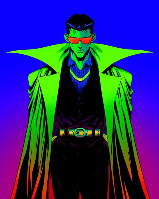 The image shows a stylized comic-book illustration of a confident figure wearing a vibrant green high-collared trench coat, red sunglasses, a dark vest, and a distinctive belt with a "GD" emblem, set against a bold blue and purple gradient background. This heroic, no-nonsense visual mirrors the post's message about relentless hustle and loyalty, embodying the "no days off" grind mentality with a powerful, larger-than-life presence.