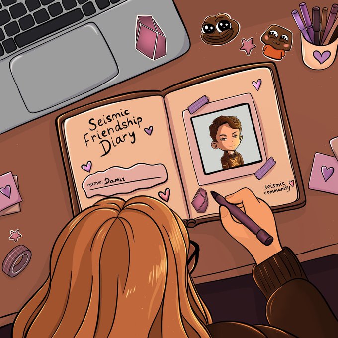 Over-the-shoulder illustration of a person writing in a 'Seismic Friendship Diary' with the name 'Damit' and a photo of a character labeled 'seismic's community'.