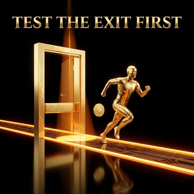 3D rendered graphic with gold text 'TEST THE EXIT FIRST' above a golden figure running out of an ornate doorway alongside a falling coin.