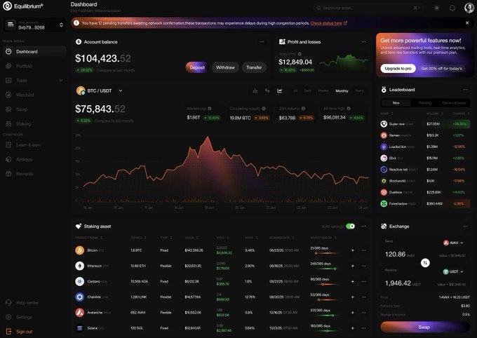 A dashboard screenshot from Equilibrum DEX (0xb79...3b58) showing an account balance of $104,423.52, a BTC/USDT chart at $75,843.52, a profit/loss of $12,849.04, and staking options for Bitcoin, Ethereum, Cardano, Chainx, Avalanche, and Solana.