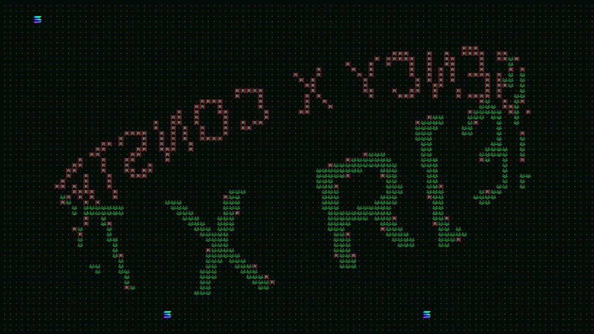 The image features a large screen with a black background, displaying an array of letters and numbers that spell out "THE MACHINE ECONOMY @fabric V.C. @solana". The text appears to be in a foreign language or code, which adds an element of mystery to the scene.