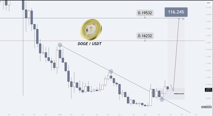 A candlestick chart for DOGE/USDT showing a downtrend with a breakout, with projected price targets of 0.16232 and 0.19532, indicating a potential 116.24% gain.