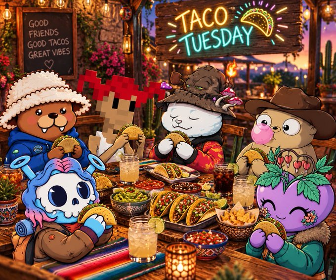 A colorful AI-generated illustration titled "TACO TUESDAY" showing cute cartoon characters including a bear, panda, cactus creature, and skeleton enjoying tacos and drinks at an outdoor table with a sign reading "GOOD FRIENDS GOOD TACOS GREAT VIBES".