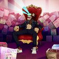 A pixel art image showing an anime-style character with dark hair sitting on a red throne surrounded by pink rectangular packages or envelopes.