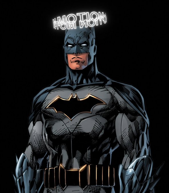 A dark comic book-style illustration of Batman with the word "MOTION" written in mirrored text floating above his head.