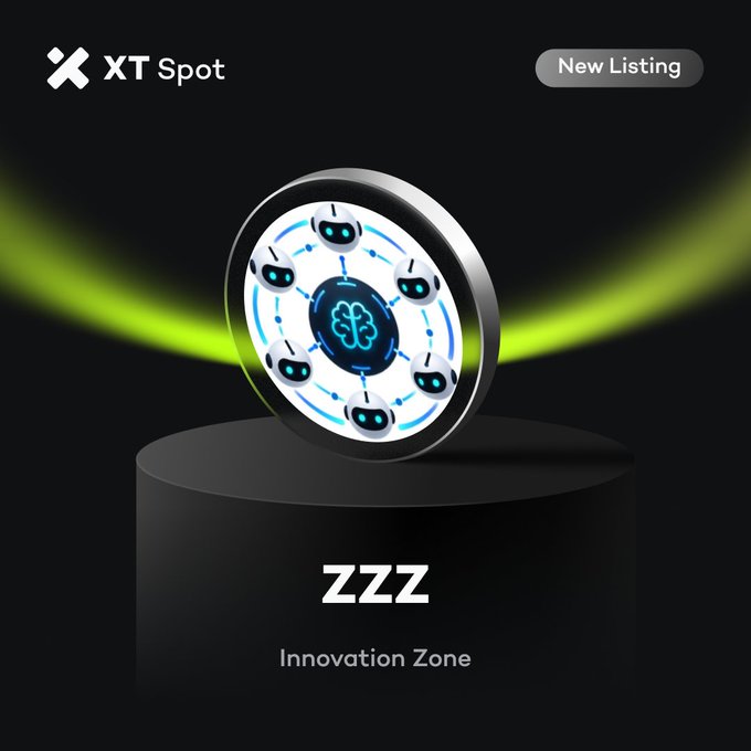 A promotional graphic for 'XT Spot' announces a 'New Listing' for token 'ZZZ' in the 'Innovation Zone', featuring a stylized circular coin with robot figures.