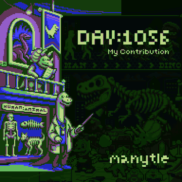 Pixel art titled 'DAY:105E - My Contribution' by manytle, showing a character at what appears to be a 'HUMAN: ANIMAL' exhibit with dinosaur skeleton imagery.