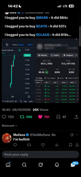 A mobile screenshot of a crypto trading post claiming '$MASK did 684x, $CATE did 537x, $CLAUS did 819x' alongside a price chart for a meme coin.