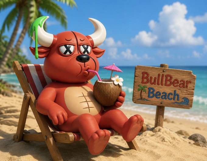 A 3D-rendered red cartoon bull character with X-shaped eyes relaxing in a beach chair, drinking from a coconut with a pink umbrella, next to a wooden 'BullBear Beach' sign.