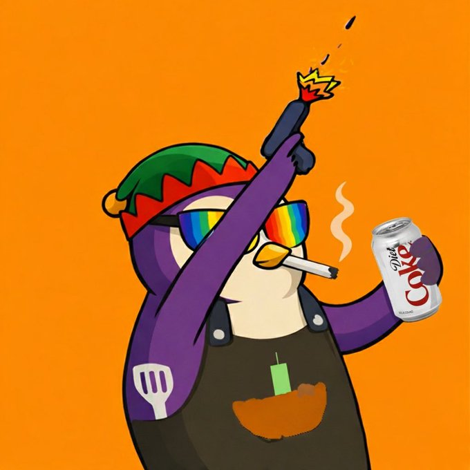 A cartoon penguin wearing rainbow sunglasses, a red and green beanie, and an apron, smoking a cigarette, holding a lit gun, and a can of Diet Coke against an orange background.