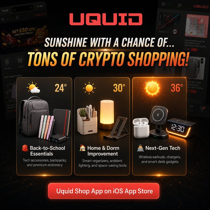 An advertisement for the "UQUID" Shop App with the tagline "SUNSHINE WITH A CHANCE OF... TONS OF CRYPTO SHOPPING!" showcasing three product categories: Back-to-School Essentials (24°), Home & Dorm Improvement (30°), and Next-Gen Tech (36°).