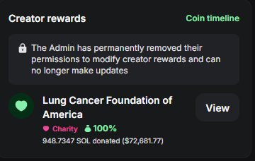A "Creator rewards" panel on the $REMUS coin timeline confirms that 100% of creator rewards are allocated to the Lung Cancer Foundation of America, showing 948.7347 SOL donated (worth $72,681.77), and noting that admin permissions to modify these rewards have been permanently revoked. This visually backs the post's claim of REMUS's rapid charitable impact.