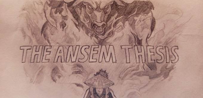 A sepia-toned illustration titled 'THE ANSEM THESIS' featuring a bull at the top and a figure wearing a conical hat at the bottom.