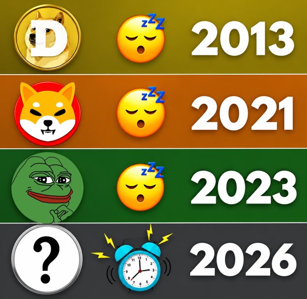 A timeline graphic showing sleeping emojis next to Dogecoin (2013), Shiba Inu (2021), Pepe (2023), and a question mark coin with an alarm clock (2026).