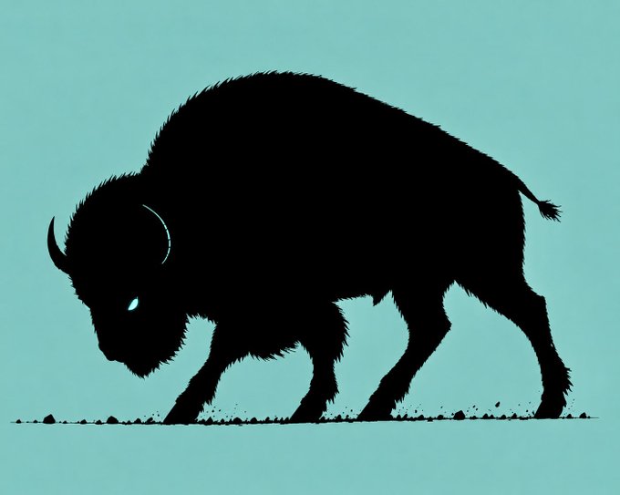 A minimalist black silhouette of a horned bison walking against a solid teal background, with small rocks scattered along the bottom.