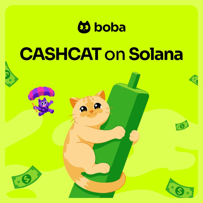 A promotional graphic for 'boba' featuring 'CASHCAT on Solana' with an illustration of a cute orange cat hugging a green Solana log, a small parachuting cat, and floating money.