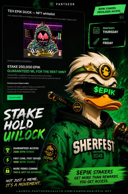 A cryptocurrency promotional graphic for 'TEH EPIK DUCK - NFT whitelist' on Solana, featuring an illustrated duck character in green '$EPIK' attire with text 'STAKE HOLD UNLOCK' and details about staking 250,000 EPIK for guaranteed whitelist access.