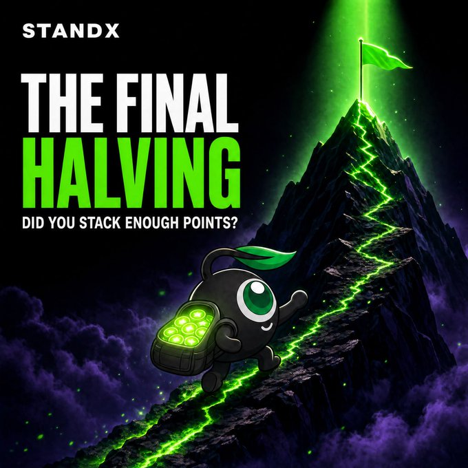 A promotional graphic for StandX announces "THE FINAL HALVING - DID YOU STACK ENOUGH POINTS?" featuring a cartoon black character with a green flag climbing a steep, rocky mountain illuminated by a glowing green pathway leading to a flag at the summit, visually symbolizing the urgency to accumulate points before the final halving event reduces future rewards by half.