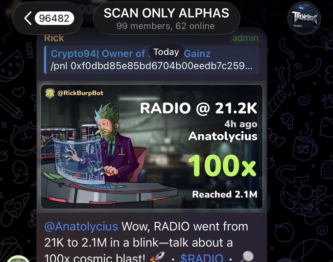 A Telegram channel called "SCAN ONLY ALPHAS" with 99 members displays a message from "RICK" (admin Crypto941) promoting "RADIO" token at 21.2K with a 100x gain reaching 2.1M, posted by user Anatolycius 4 hours ago. The accompanying post references wallet address 0xf0dbd85e85bd6704b00eedb7c2590559ca12b871, which matches the beginning of the wallet address shown in the channel's "/pnl" command, suggesting the post is mocking a missed opportunity connected to this trader's performance.