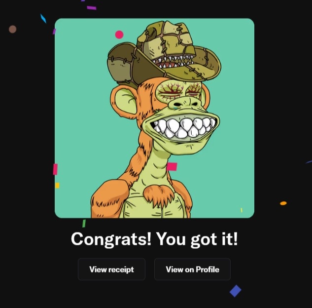 A cartoon monkey with a brown hat and orange fur, wearing a green bandana, stands against a black background with colorful confetti scattered around it.