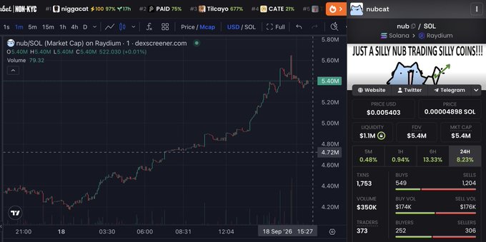 A Dexscreener chart displays the nub/SOL trading pair on Raydium, showing a price of 5.40M USD with a 0.48% gain over 5 minutes and a market cap of $5.4M.