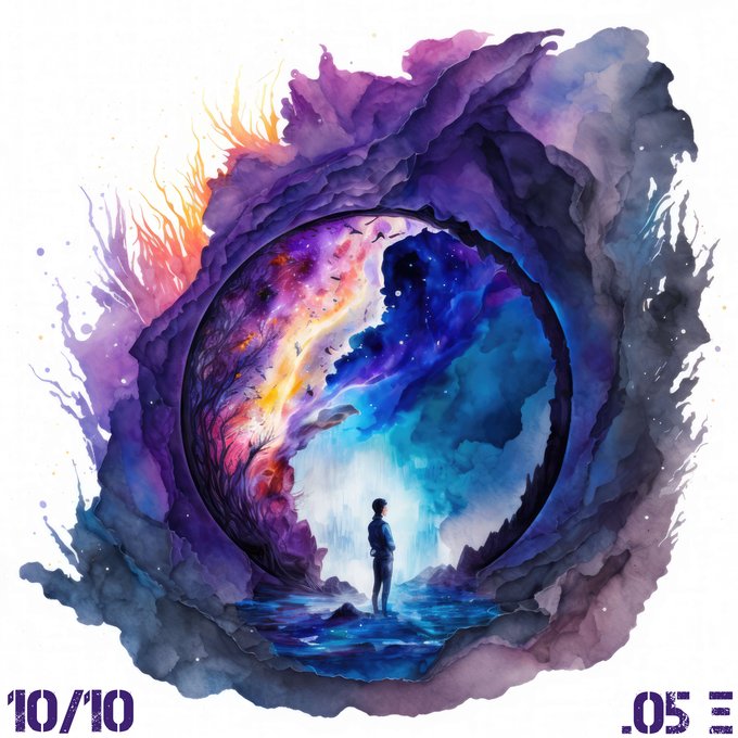 A watercolor-style illustration shows a small silhouetted figure standing at the edge of water, gazing into a massive circular portal filled with a swirling cosmic galaxy in vibrant purples, blues, oranges, and yellows, with "10/10" in the bottom left corner.