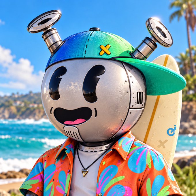 A metallic, robot-like character with a smiling face and a green and blue baseball cap stands at a sunny beach, wearing a vibrant floral shirt and carrying a surfboard.