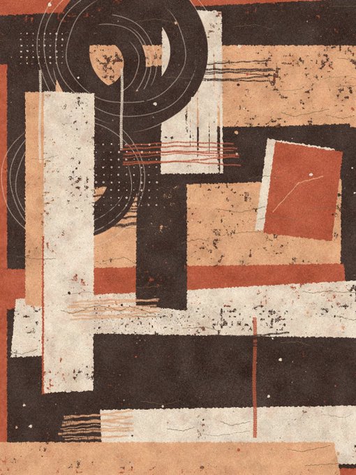An abstract artwork featuring geometric shapes in earthy tones of black, cream, terracotta red, and tan with circular and linear patterns.