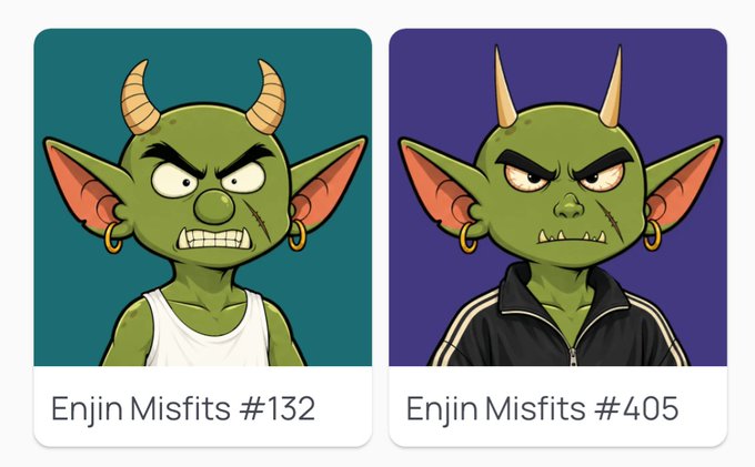 Two Enjin Misfits NFT character cards (#132 and #405) featuring green goblin-like creatures with horns, large pointed ears, and gold earrings against teal and purple backgrounds.