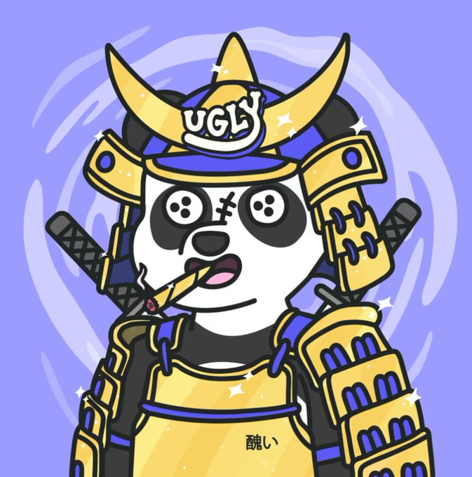 A cartoon illustration of a panda character dressed in samurai armor with golden and blue accents, wearing a helmet labeled 'UGLY' and smoking a cigarette, with the Japanese text '醜い' on its chest.