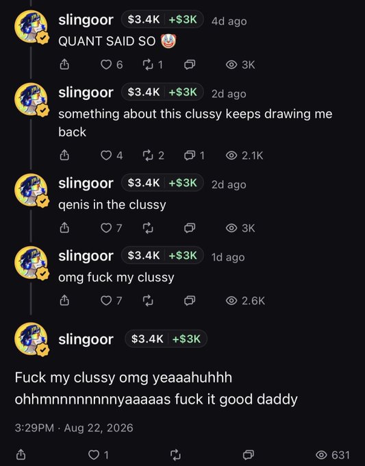 The image shows a series of increasingly explicit comments from a user named "slingoor" ($3.4K, +$3K) about "qenis in the clussy" and "fuck my clussy," which appears to be low-effort trolling/shitposting likely posted to attract engagement before promoting a pumpfun link in the comment section. The repetitive, attention-seeking nature of the comments reflects a common tactic used on social media to farm visibility and lure followers to memecoin pump-and-dump schemes.