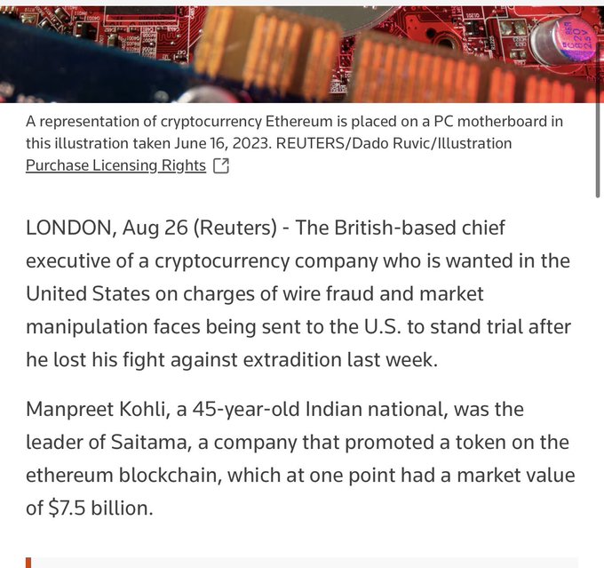 Reuters news article excerpt about Manpreet Kohli, former leader of cryptocurrency company Saitama, losing his fight against extradition to the U.S. on fraud charges.