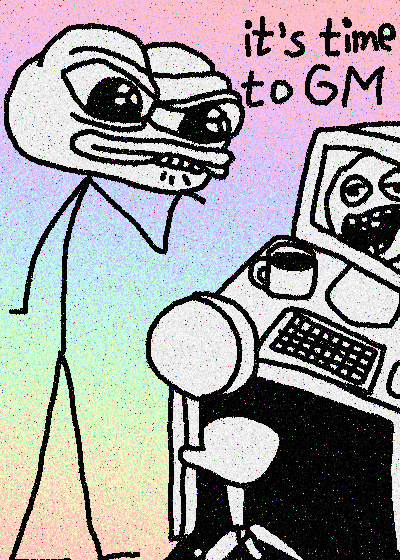 A hand-drawn doodle shows a Pepe-style frog standing next to a computer displaying another frog face, with the text "it's time to GM" written in the top right. The image captures the playful "GM" (good morning) greeting aesthetic common in crypto and internet communities, matching the post's cheerful "Gm, Have a great week!" message.