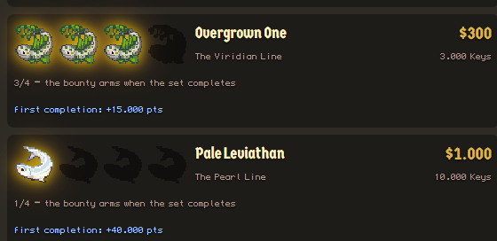 The image displays a game interface showing two bounty sets: "Overgrown One" (The Viridian Line) priced at $300 with 3,000 Keys and 3/4 completion offering a +15,000 point bonus, and "Pale Leviathan" (The Pearl Line) priced at $1,000 with 10,000 Keys and 1/4 completion offering a +40,000 point bonus. The post expresses hope to collect all 4 of the $300 "Overgrown One" fish in the Cambria GameFi game, with a birthday wish for luck ahead of the TGE.