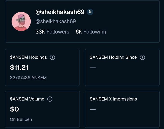 A social media analytics dashboard for user @sheikhakash69 showing 33K followers and tracking '$ANSEM Holdings' at $11.21, with 32.617436 ANSEM tokens and '$0' volume on Bullpen.